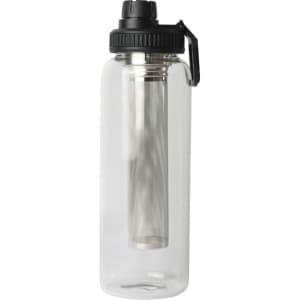 A drink bottle with a clear body, black lid, and stainless steel tea infuser inside. It features a branding logo.