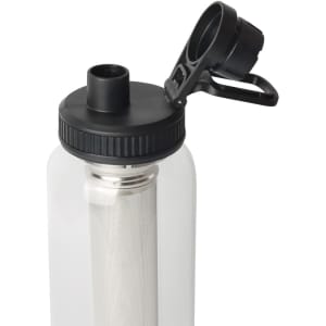 A drink bottle with a clear body, black cap, and a built-in tea infuser. It features a handle for easy carrying.