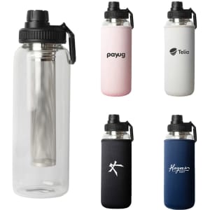 A drink bottle with a clear body, stainless steel infuser, and multiple coloured sleeves, featuring various logos.