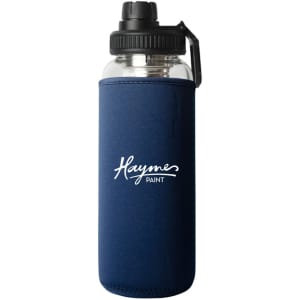 A drink bottle with a clear body and navy blue sleeve, featuring a black lid and a logo.