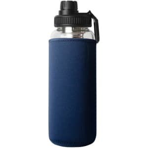 A drink bottle with a navy blue sleeve, a black lid, and a clear glass body, featuring a logo.