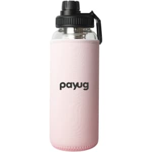 A drink bottle with a transparent body, black lid, and a pink sleeve. It features a logo on the front.