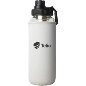 A drink bottle with a clear body and black lid, encased in a white sleeve featuring a logo.