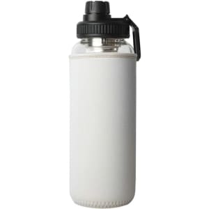 A drink bottle with a transparent body, black lid, and a white protective sleeve. It features a logo.