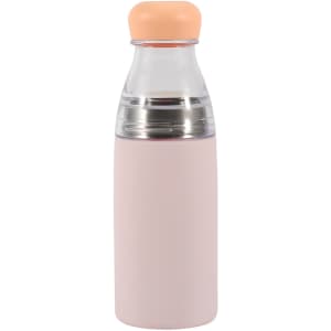 A drink bottle in light pink with a stainless steel interior and an orange cap, featuring a logo.