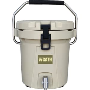 A beige ice bucket with a stainless steel faucet and a sturdy handle, featuring a logo on the front.