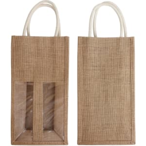 A jute double wine carrier in natural brown with a transparent window and two handles. It has a simple, rustic design.