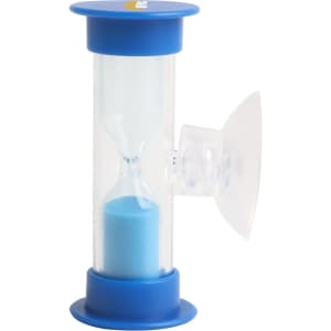 A blue sand timer with a clear hourglass design, featuring sand that flows for three minutes.