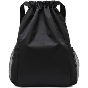 A black fitness drawstring backpack with mesh side pockets and a gathered top. Features a logo.