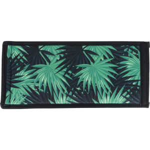 A drink bottle holder featuring a vibrant green palm leaf design against a black background, with a Velcro closure and branding.