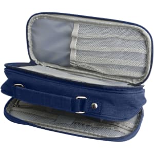 A navy pencil case with compartments and a handle, featuring a zipped opening and mesh sections inside.