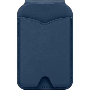 A navy blue PU magnetic card holder with a smooth finish and a top slot for a mirror. Features a logo.
