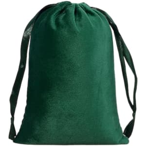 A green silk velvet drawstring bag with matching drawstrings and a smooth texture. It features a logo.