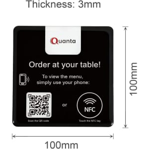 A square black desk tag with a QR code, NFC logo, and branding at the top, measuring 100mm x 100mm.