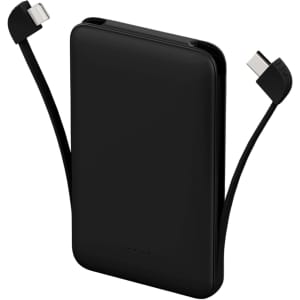 A black 5000mAh slim power bank with an integrated charging cable on both ends and a subtle logo.