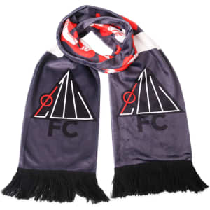A velvet scarf in silver and red, featuring a logo and fringed ends. Ideal for adding style to outfits.