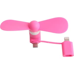 A pink 2 in 1 smartphone fan with two blades and a connector for charging devices. It features a small logo.