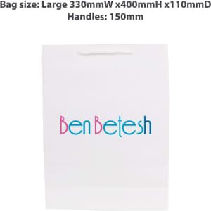 A large white paper bag with a fabric flat handle and a colourful logo printed on the front.