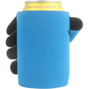 A drink bottle holder in blue, designed to fit cans, featuring a black hand-shaped grip.