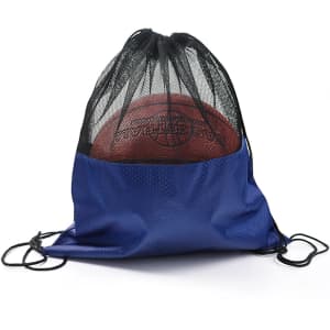 A blue drawstring mesh backpack containing a basketball, featuring a black mesh top and a branding logo.