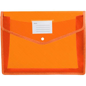 An orange envelope expanding document folder with a closure and a label area for indexing.