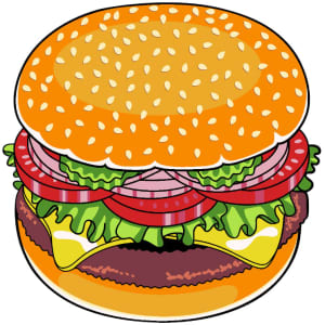 A cartoon illustration of a hamburger featuring a sesame seed bun, lettuce, tomato, onion, and cheese.