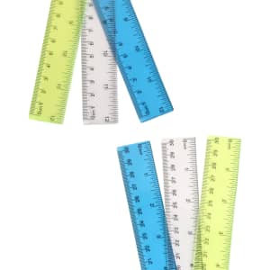 A set of dual scale rulers in green, yellow, and blue, featuring clear measurement markings and a logo.
