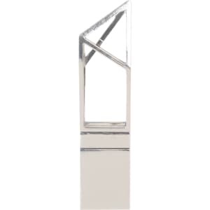 A silver flash drive with a unique, geometric design and a logo on its surface.