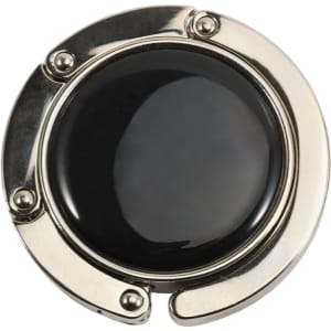 A round, foldable desk hook with a shiny silver metal frame and a black centre. It features a logo on the surface.