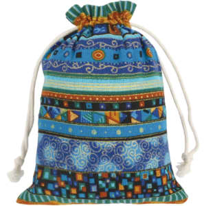 A blue patterned drawstring bag featuring vibrant geometric designs and accents in orange and green.