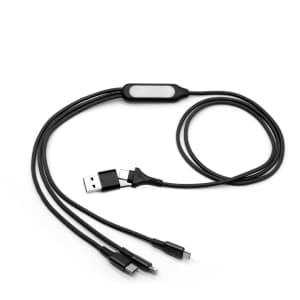 A black 6-in-1 charging cable with USB and multiple connectors for various devices. It includes a logo on the body.