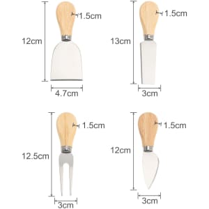 A bamboo cheese board knife set with four stainless steel knives, featuring wooden handles in a natural finish.