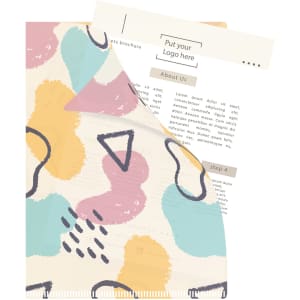 An A4 L-shaped open folder featuring a colourful abstract design with various shapes in pastel colours.