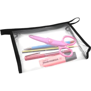 A clear PVC cosmetic bag with a black trim, containing scissors, pens, and a highlighter.