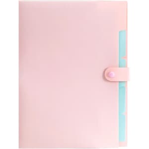 A4 expandable file folder in soft pink with a secure button closure and coloured tabs for organisation.