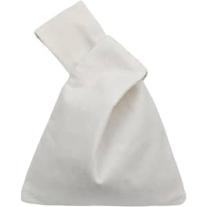 A cotton wrist bag in a simple white design, featuring a fold-over top and a single handle.