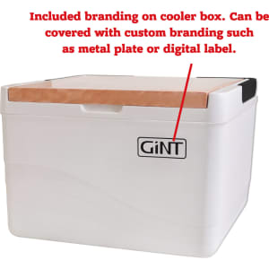 A white cooler box with a wooden lid and a visible logo. The design features a square shape and smooth edges.