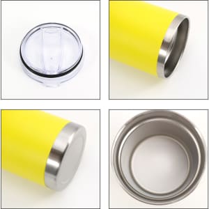 A drink bottle featuring a bright yellow exterior, stainless steel double wall, and clear lid. It also has a logo.