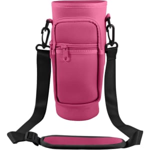 A drink bottle carrier bag in pink with a phone pocket and adjustable black straps. Features a logo on the side.