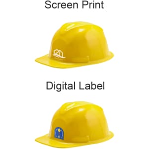 A yellow mini PVC construction hat with a logo on one side and a digital label on the other.
