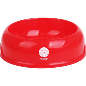 A red dog bowl with a rounded shape and a logo on the side.