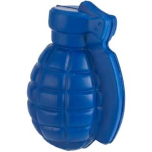 A blue grenade-shaped stress reliever with a textured surface and a pull pin design, featuring a logo.