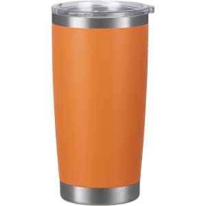 An orange 600ML stainless steel double wall cup with a clear lid and silver base, featuring a logo.