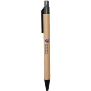 A Kraft paper pen with a black plastic tip and clip, featuring an printed logo.