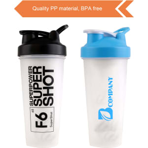 A drink bottle set featuring two BPA-free fitness shaker bottles in clear with black and blue lids, each with a logo.