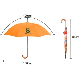 An orange RPET umbrella with a curved wooden handle, measuring 120cm in diameter and 88cm in length, featuring a logo.