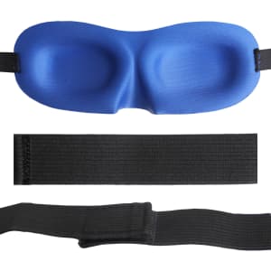 A blue cushioned eye mask with a black adjustable strap. Features a smooth, contoured design for comfort.