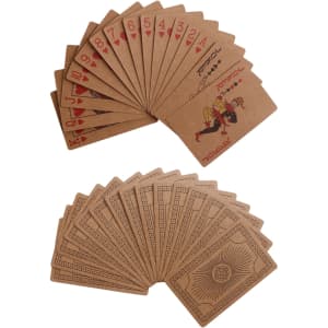 Kraft paper playing cards in brown with red and black designs, featuring various playing card suits and a joker.