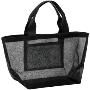 A black mesh beach tote bag with sturdy handles and an open design, featuring a logo.