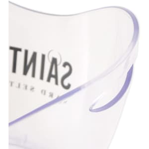 A clear ice bucket with curved edges and a handle, featuring a logo.